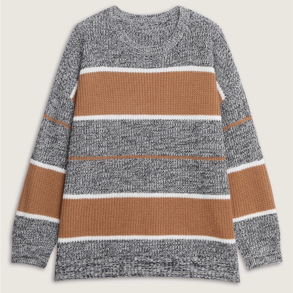 Plus size Gray and Brown Striped Sweater